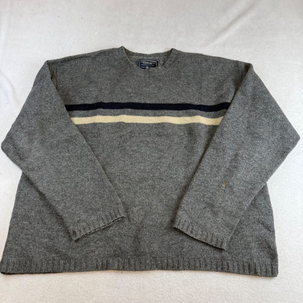 American Eagle Outfitters Mens XL Lambswool Gray Striped Crewneck Sweater